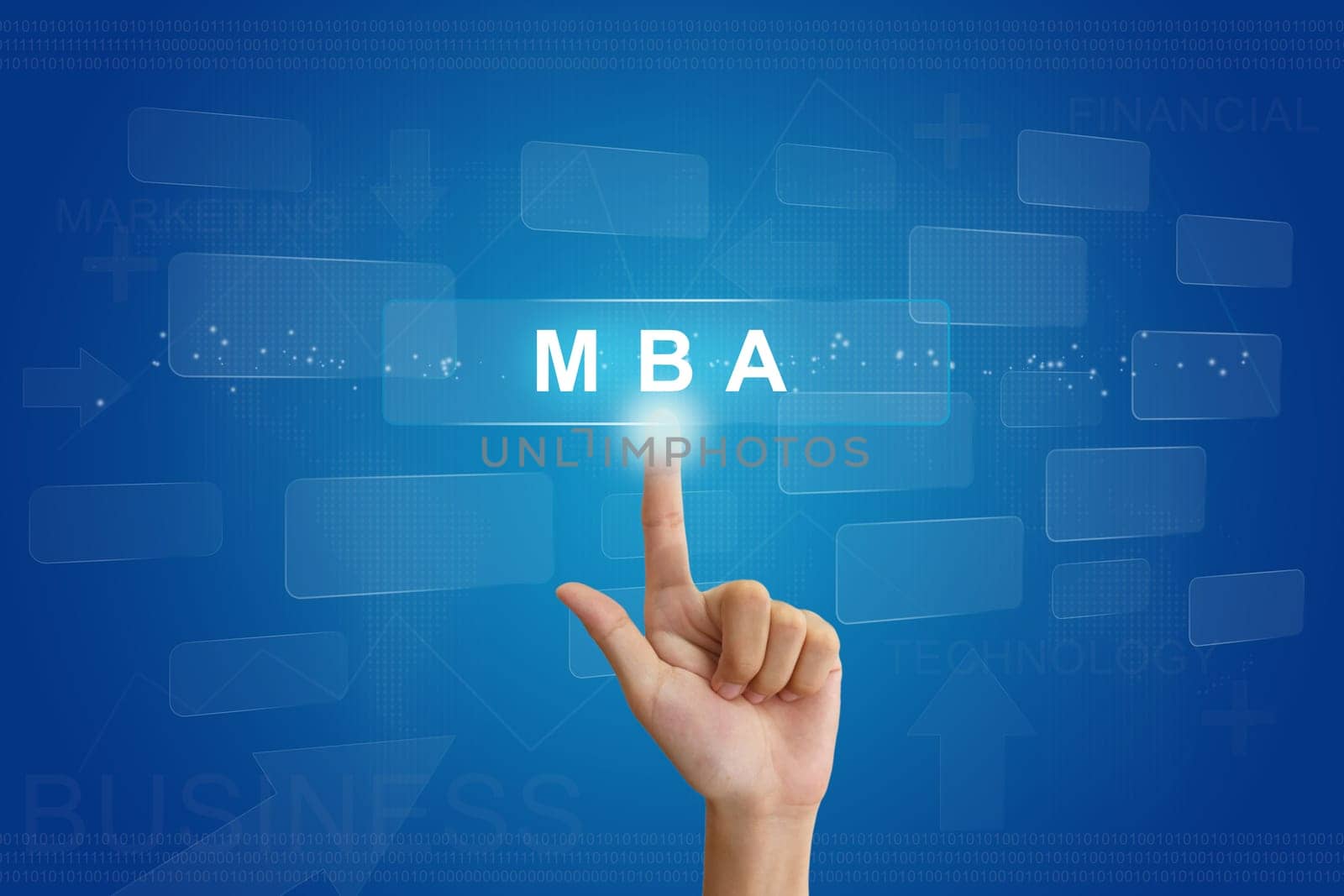 hand press on MBA or Master of Business Administration button on virtual screen