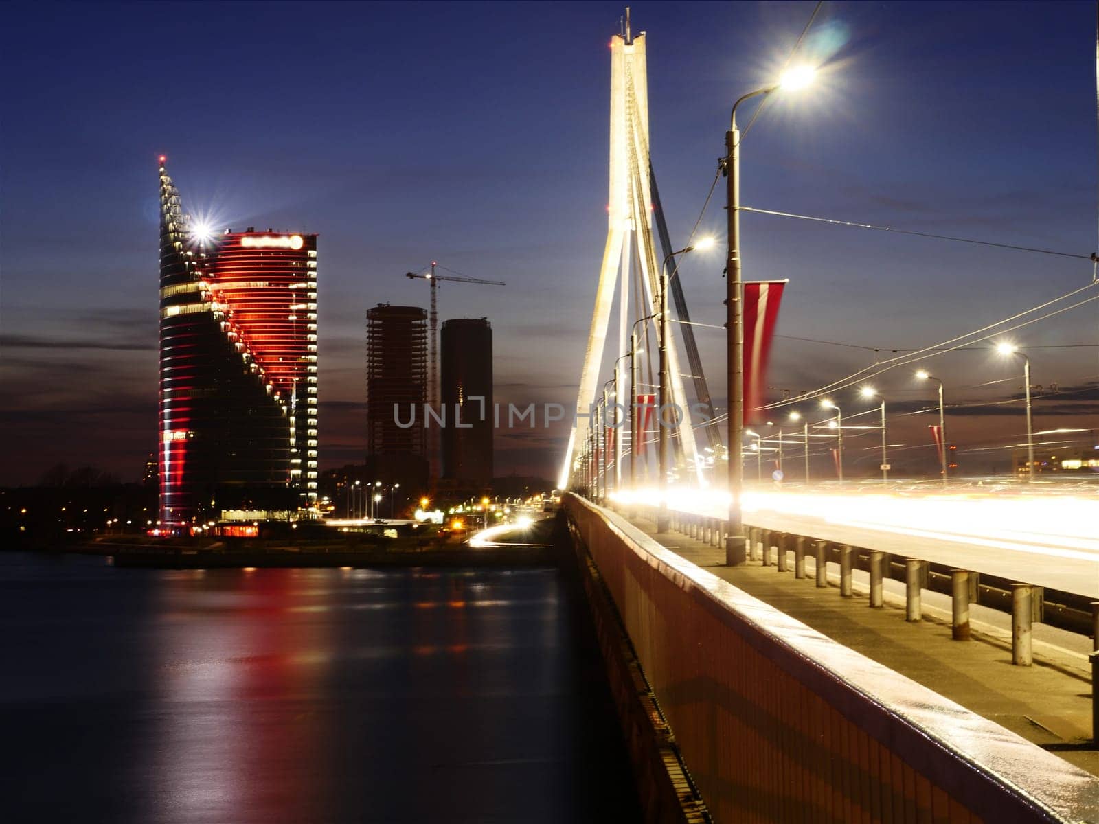 View of Riga river and Vansu Bridge in evening