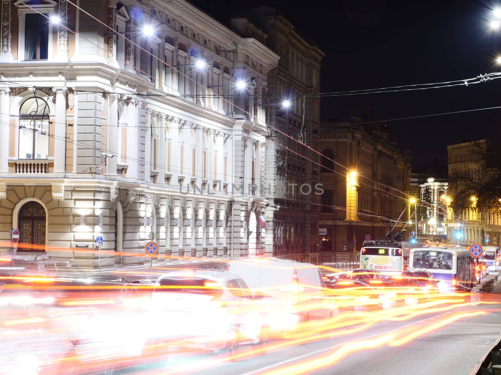 NIght viw of Historic bulding and light trails