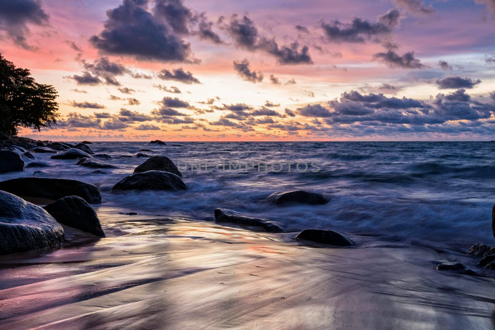 Beautiful landscape of sky and clouds above the sea during sunset at Khao Lak Beach in Khao Lak-Lam Ru National Park, Takuapa, Phang Nga province, Thailand