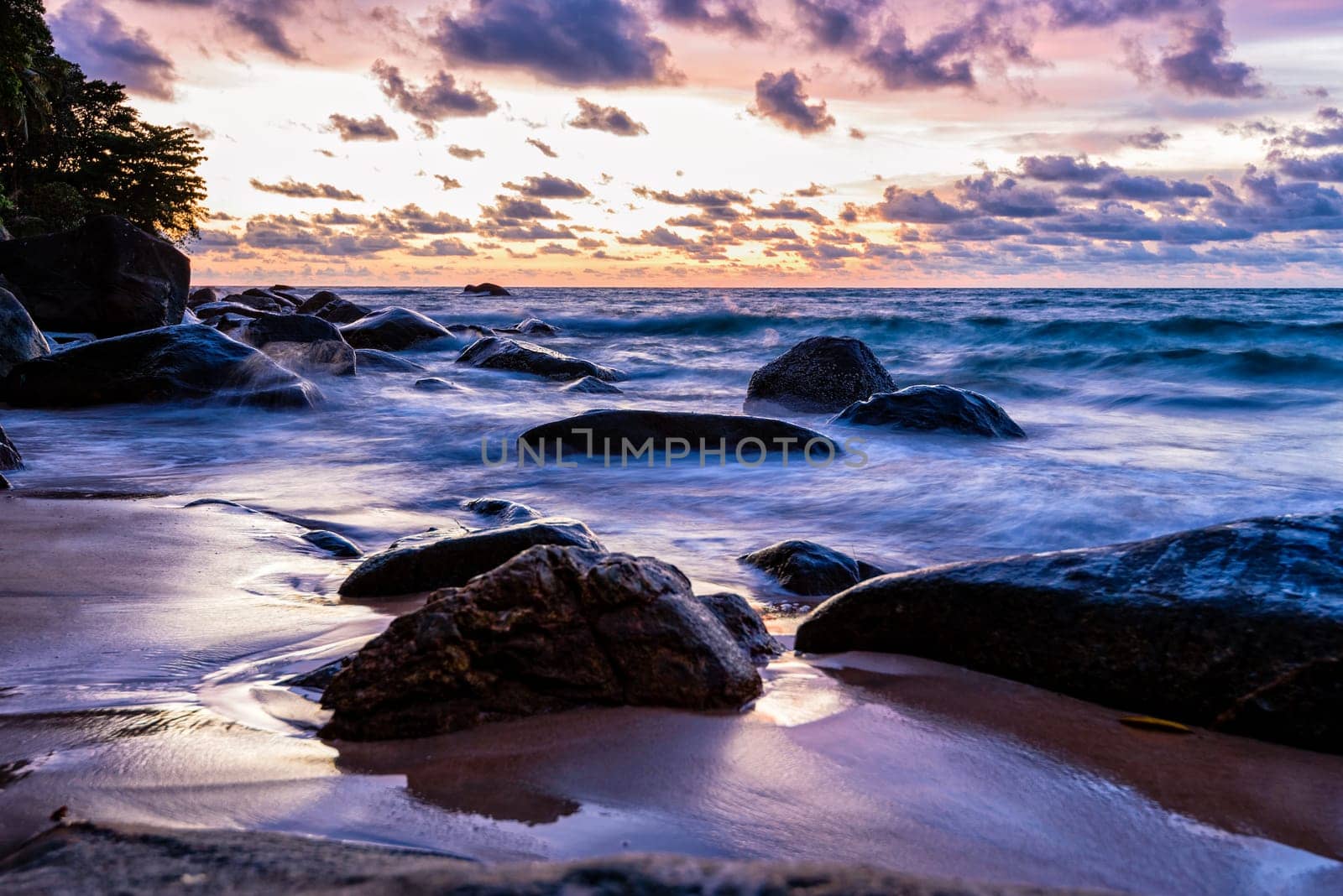 Beautiful landscape of sky and clouds above the sea during sunset at Khao Lak Beach in Khao Lak-Lam Ru National Park, Takuapa, Phang Nga province, Thailand