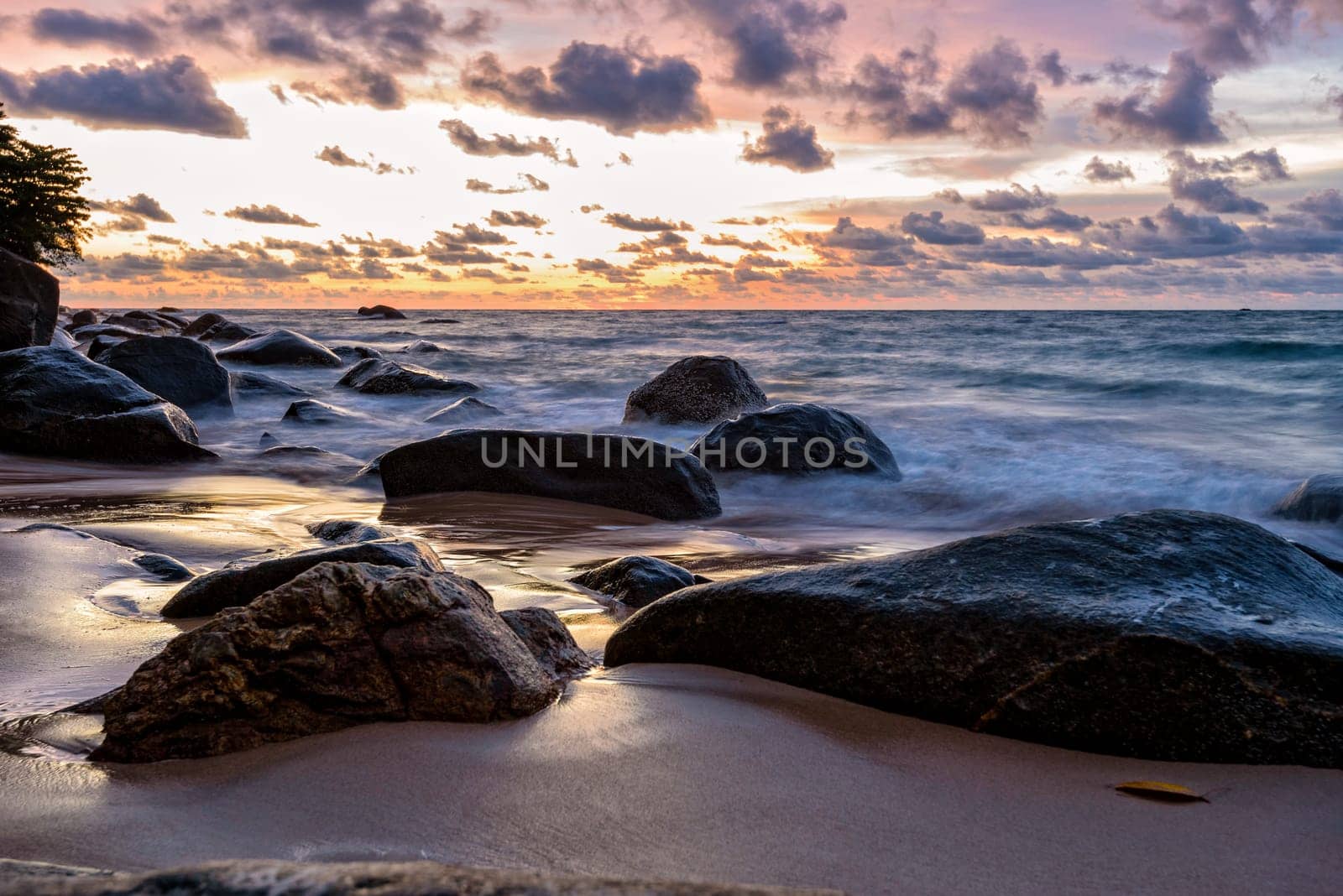 Beautiful landscape of sky and clouds above the sea during sunset at Khao Lak Beach in Khao Lak-Lam Ru National Park, Takuapa, Phang Nga province, Thailand