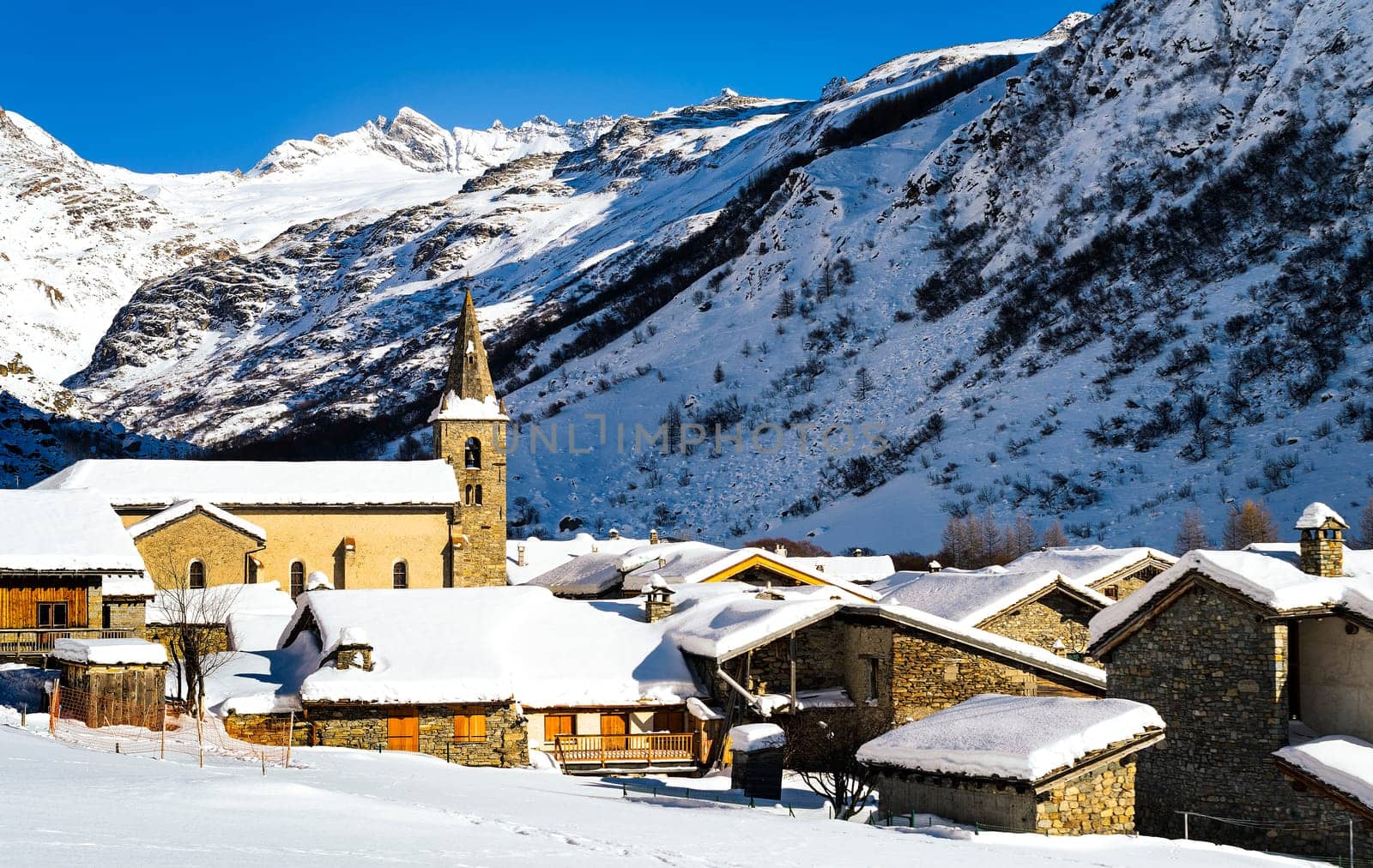 Old village Bonneval-sur-Arc in winter, Savoie, Vanoise, France