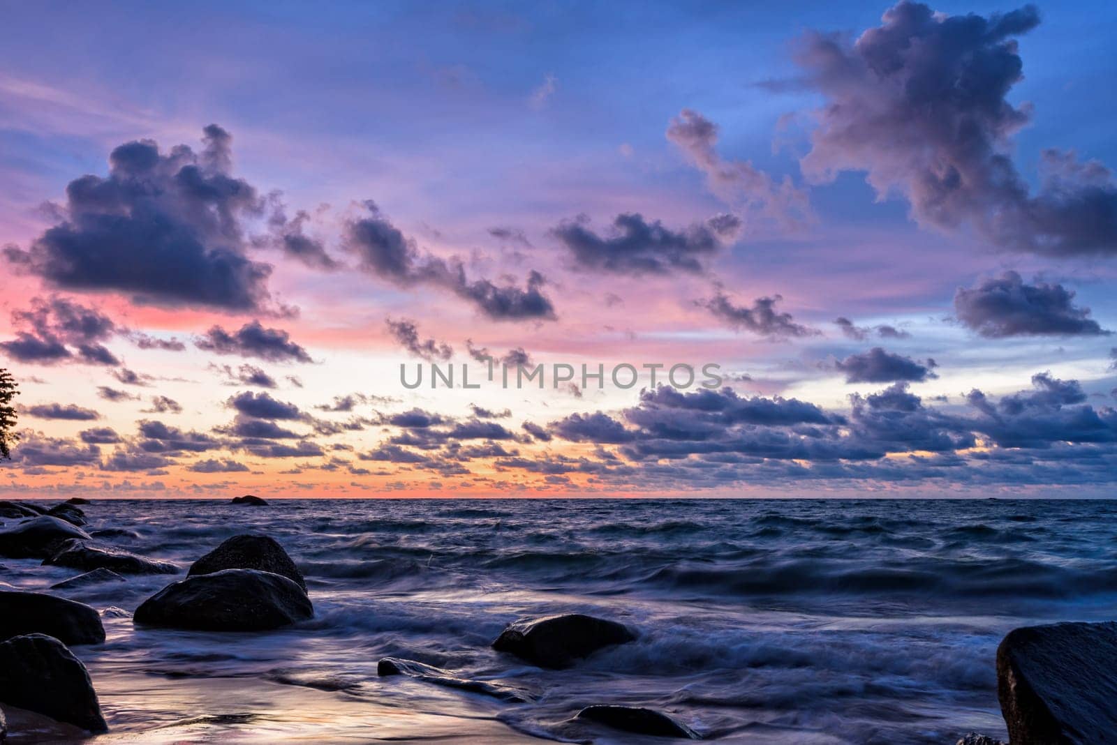 Beautiful landscape of sky and clouds above the sea during sunset at Khao Lak Beach in Khao Lak-Lam Ru National Park, Takuapa, Phang Nga province, Thailand