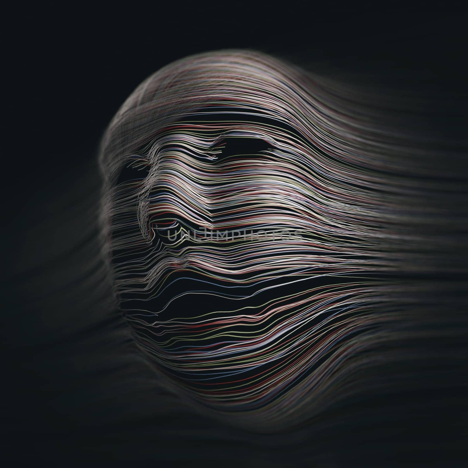 Colored lines covering an imaginary face with expression of pain and agony.