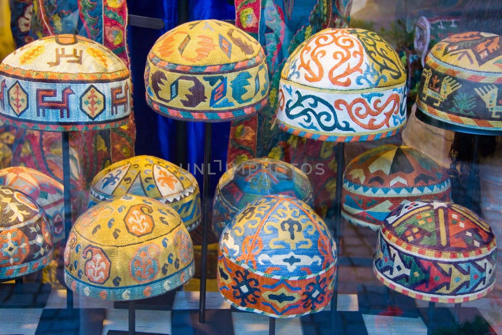 Arabic Needlework decorated caps in Turkish market shop, Istambul