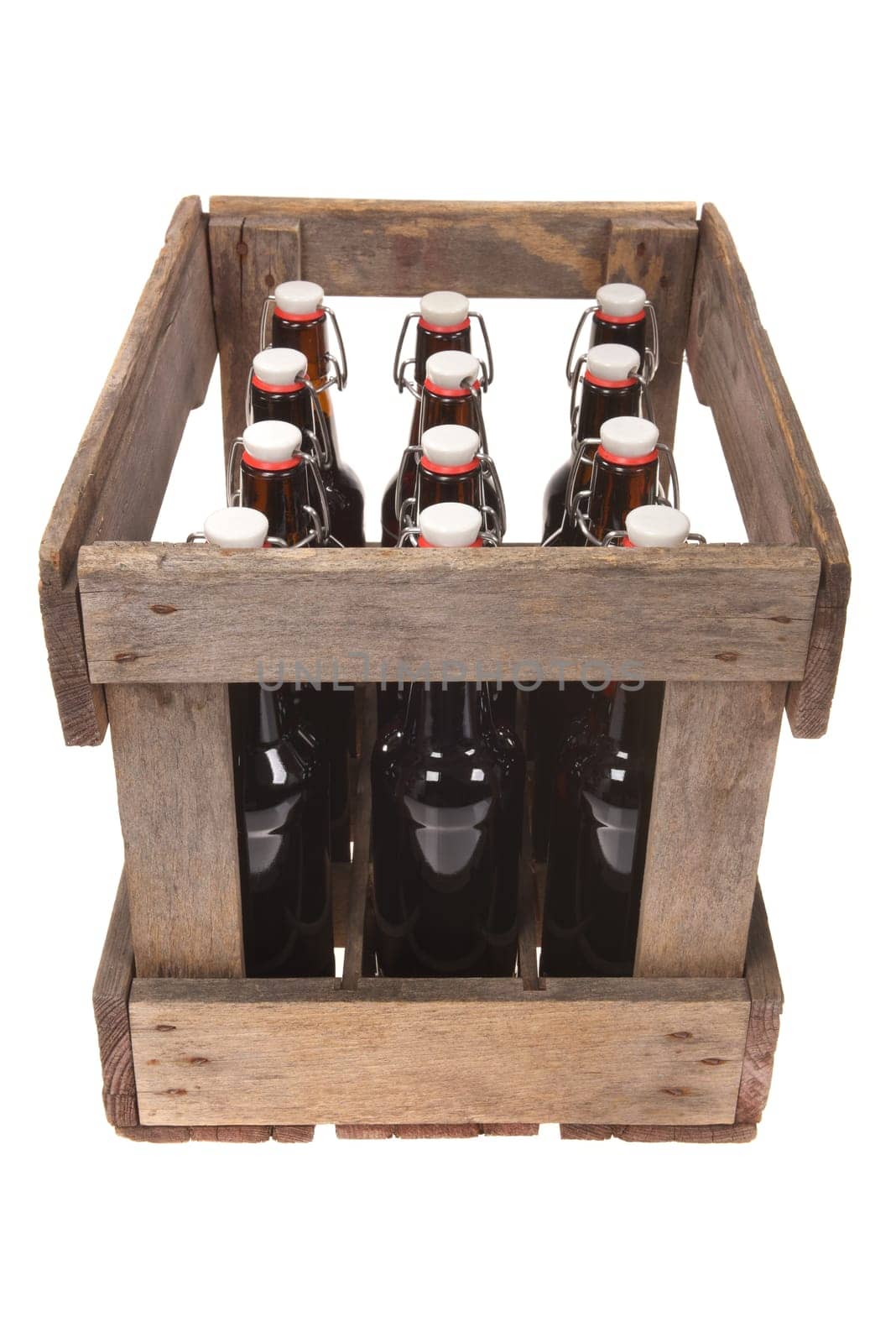 Old Beer Box with Beer Bottles Insulated On White