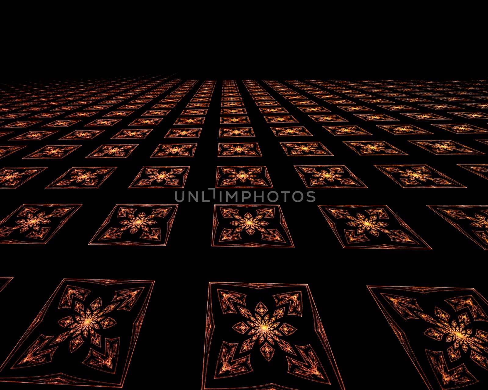 Abstract computer-generated image stretching to the horizon rows of square tiles with glowing flowers