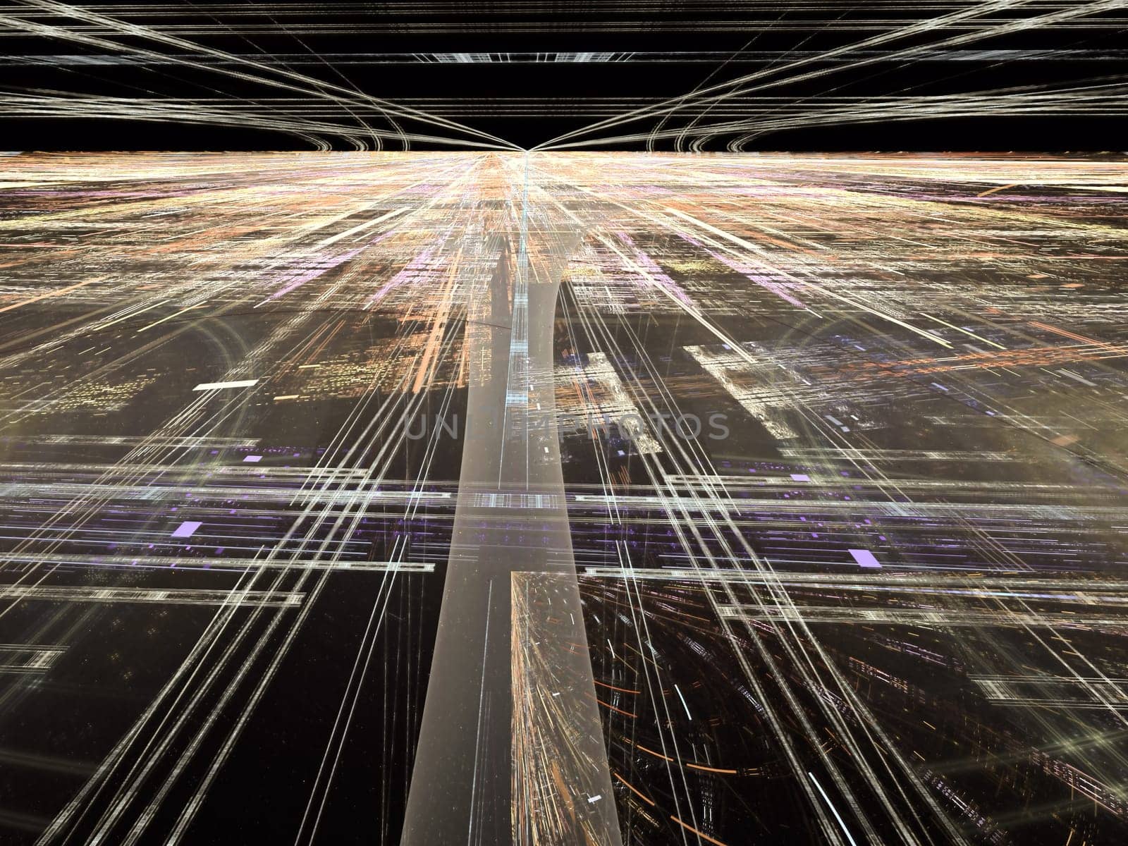 Abstract digitally generated tecnology backdrop with randomly spaced straight lines, horizon, perspective and light effects