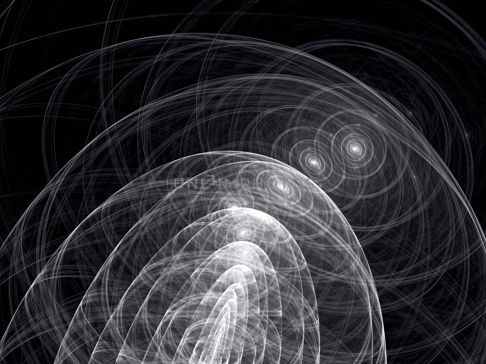Abstract computer-generated image black and white background with waves, curls and circles