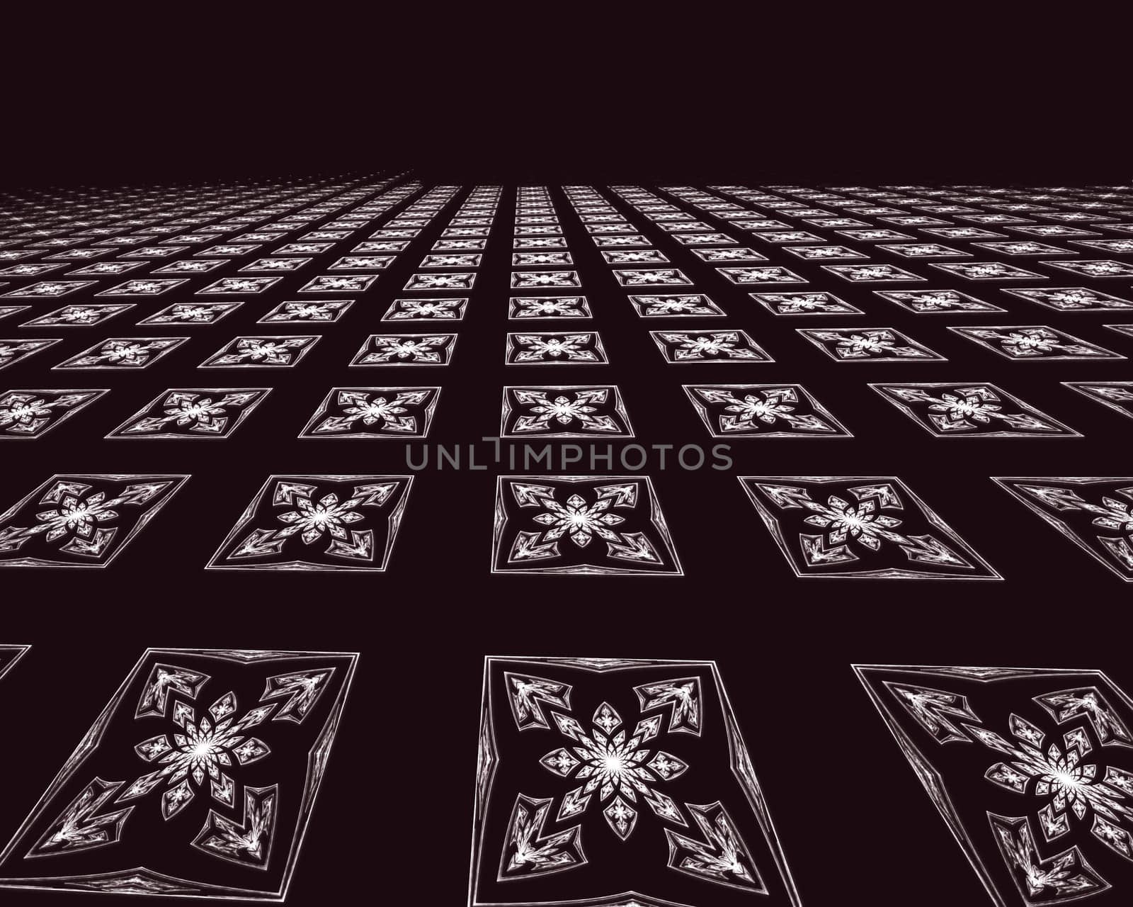Abstract computer-generated black and white image stretching to the horizon rows of square tiles with flowers pattern