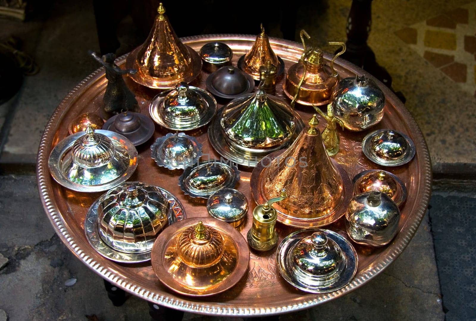 Original Turkish ancient handmade copper pots, Istanbul