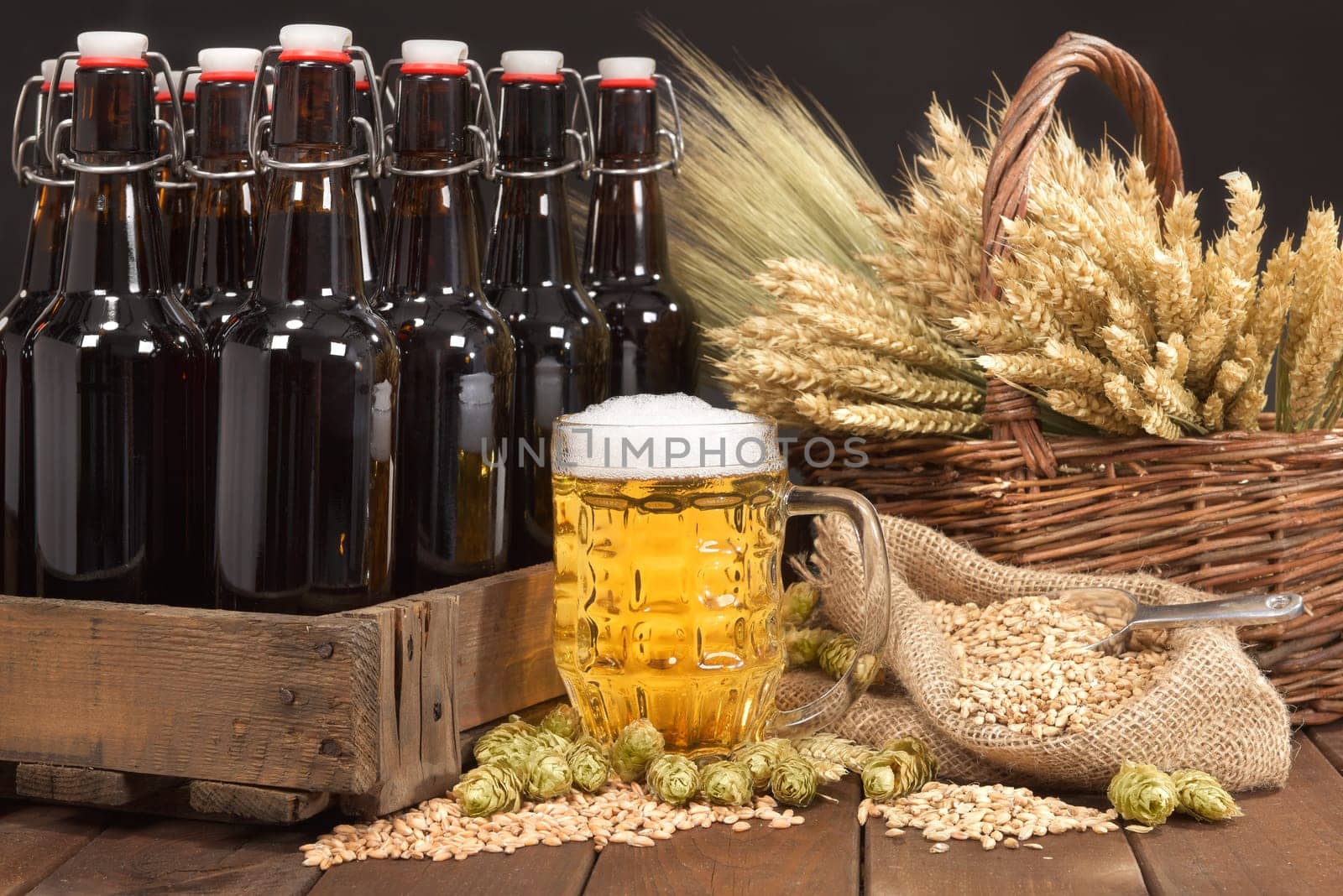Beer box and beer glass with wheat,barley,hops and malt
