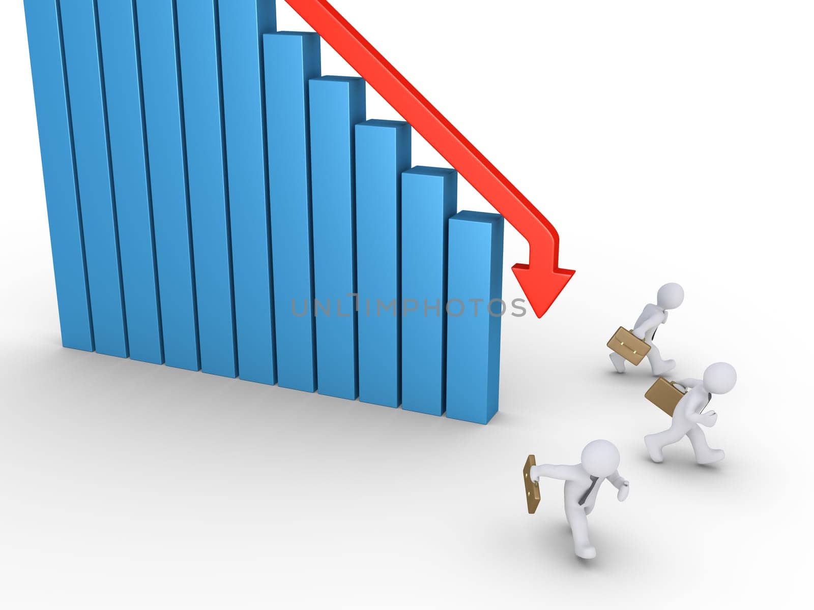 Businessmen are running to avoid the falling arrow of a graphic chart