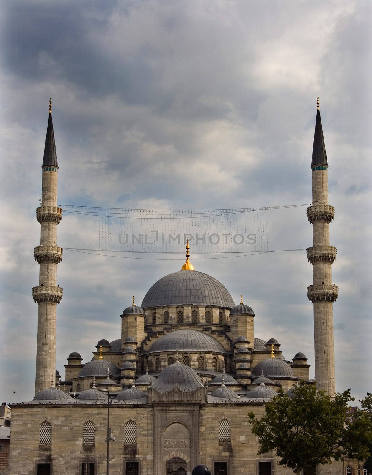 Minarets of Yeni Cami, The New Mosque in Istanbul. Black and white shot