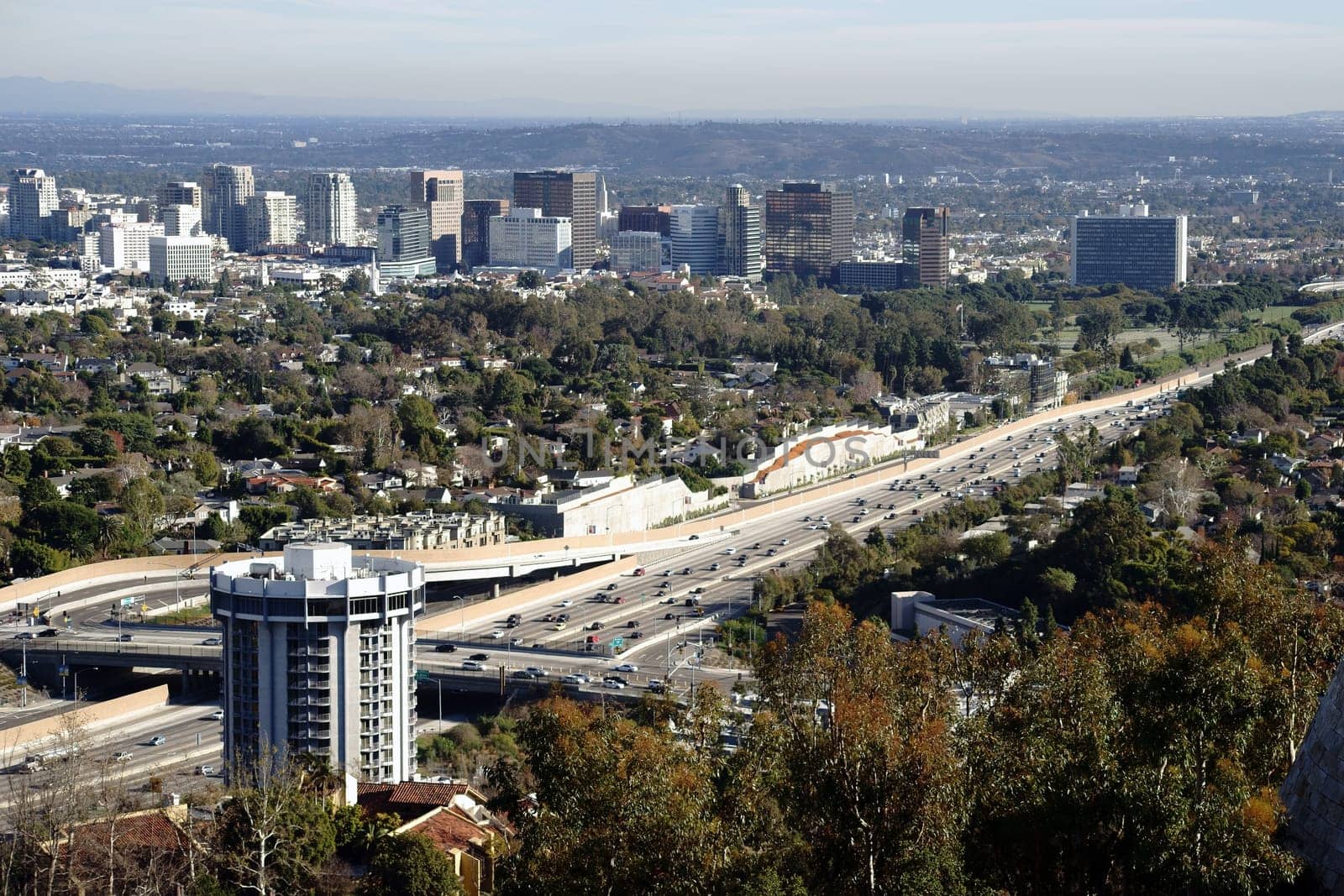 Los Angeles,United States - December 27,2015: The Skyline of the City of Los Angeles with various skyscrapers behind the San Diego Freeway on December 27,2015 in Los Angeles.