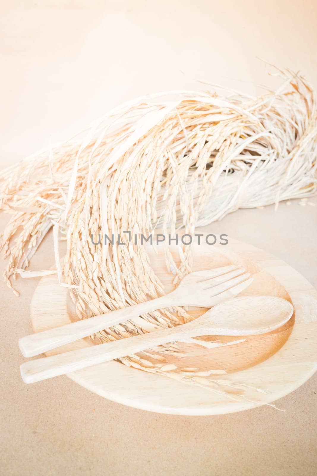 Wooden dish set and paddy rice, stock photo