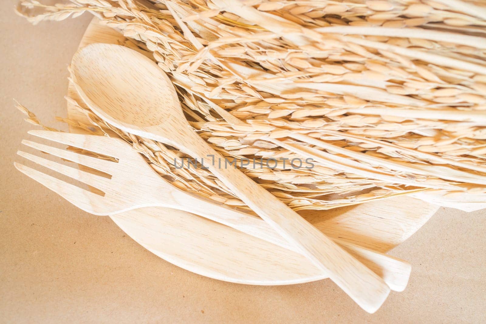 Wooden dish set and paddy rice, stock photo