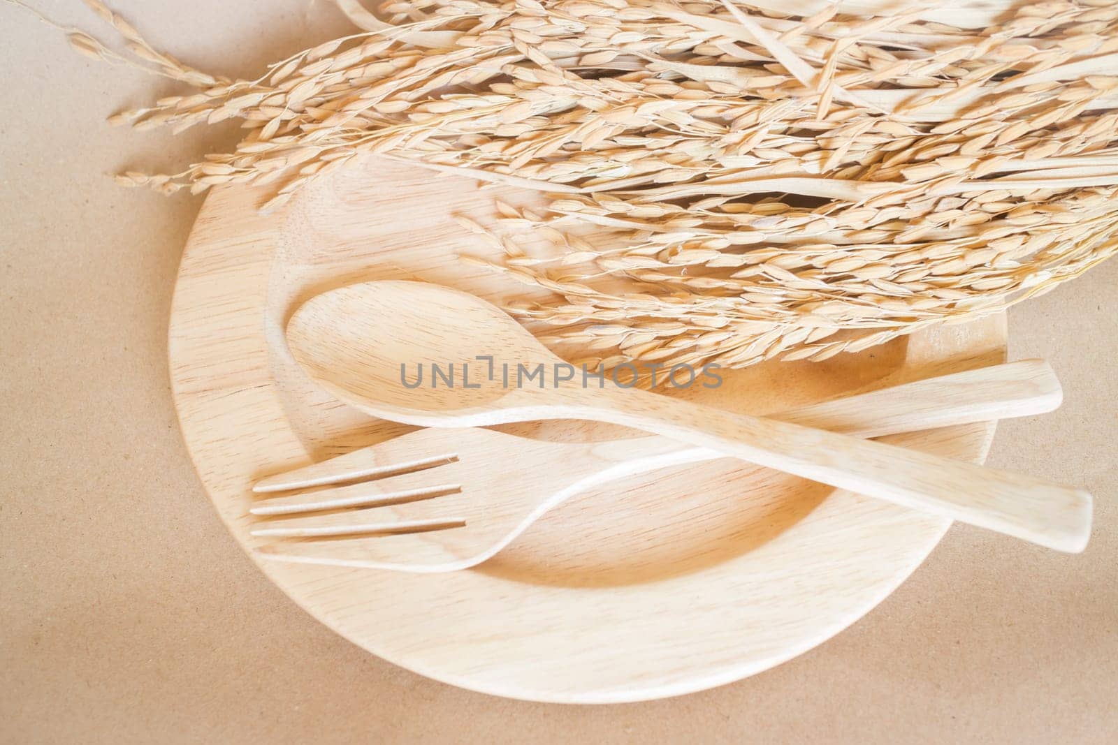 Wooden dish set and paddy rice, stock photo