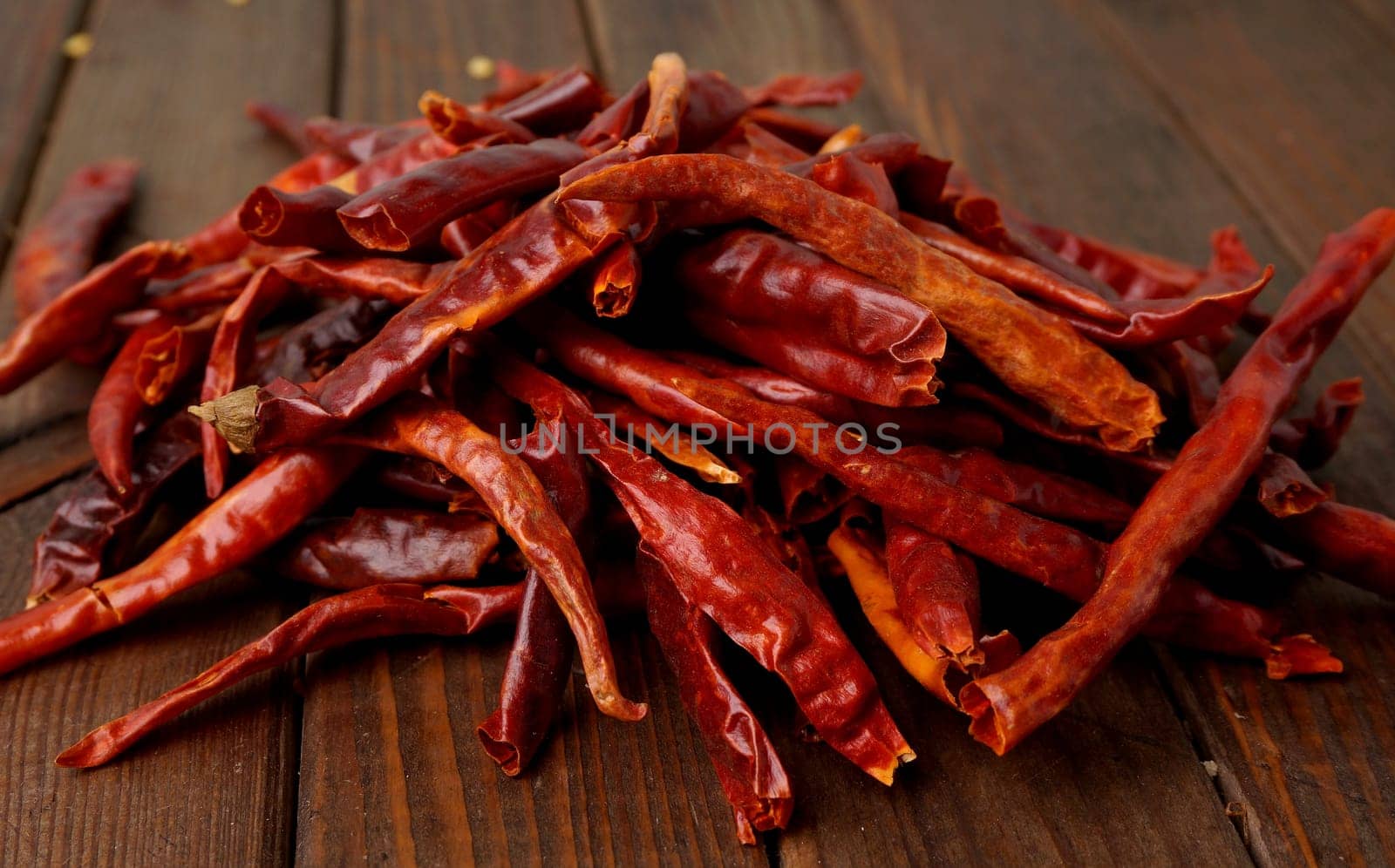 Pile of strong, red fry chilies. Closeup