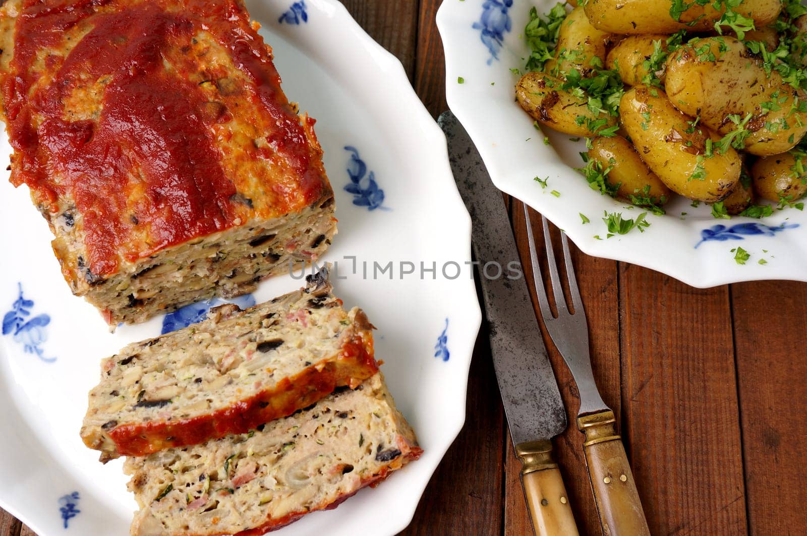 Turkey meatloaf with roasted potatoes. Dinner is served