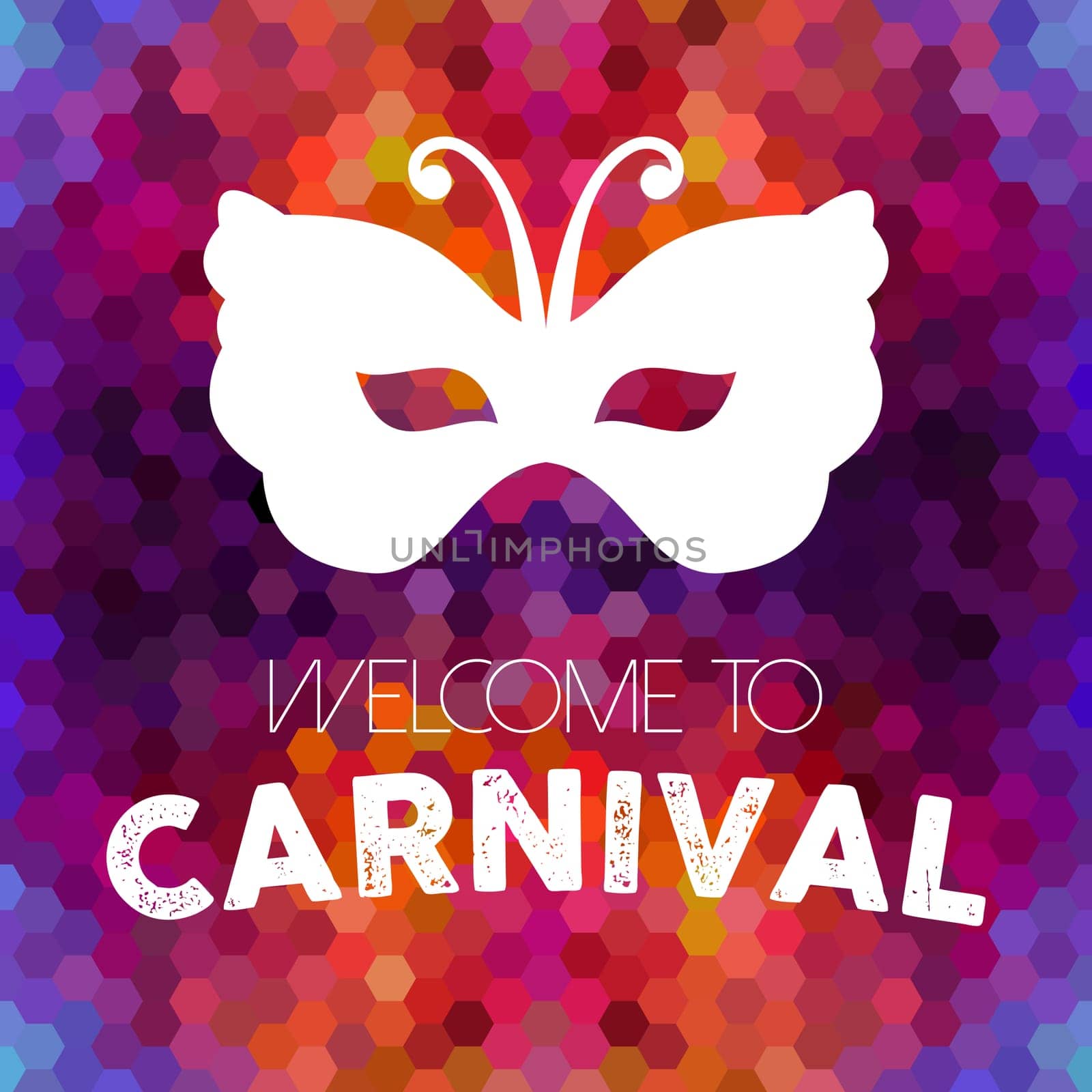 Welcome to carnival design, vintage butterfly mask on colorful honeycomb background. EPS10 vector.