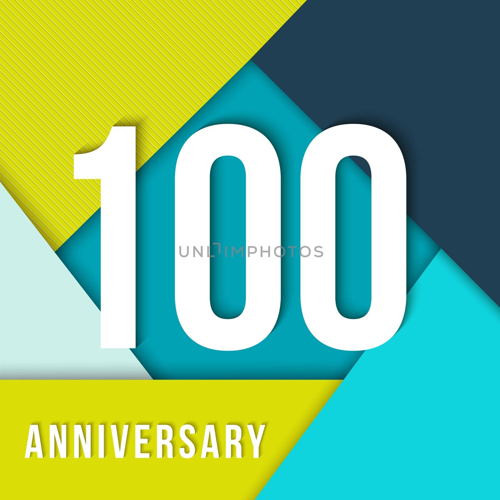 100 hundred year anniversary colorful template with number, text label and geometry shapes in material design style. Ideal for poster or card. EPS10 vector.