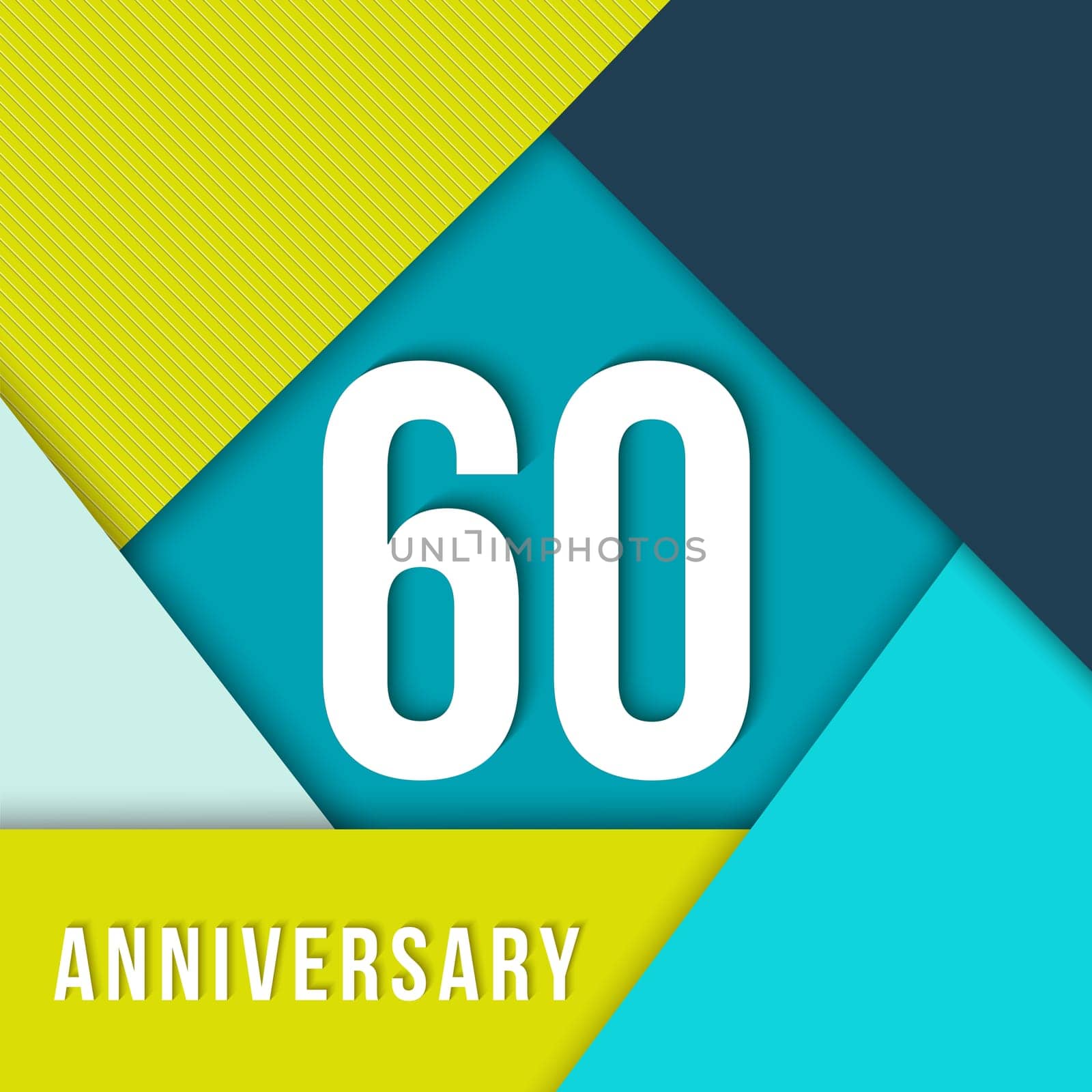 60 sixty year anniversary colorful template with number, text label and geometry shapes in flat material design style. Ideal for poster or card. EPS10 vector.
