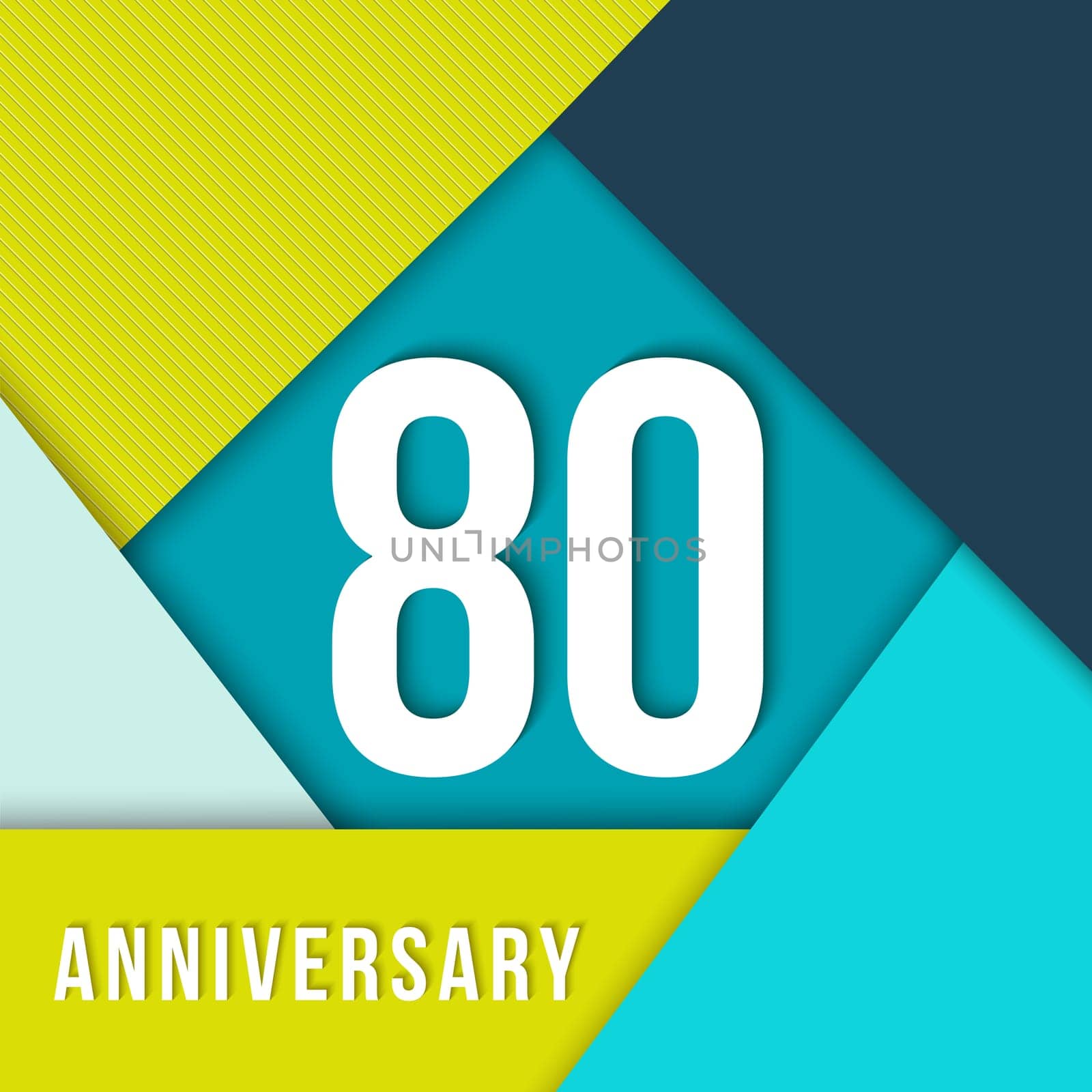 80 eighty year anniversary colorful template with number, text label and geometry shapes in flat material design style. Ideal for poster or card. EPS10 vector.