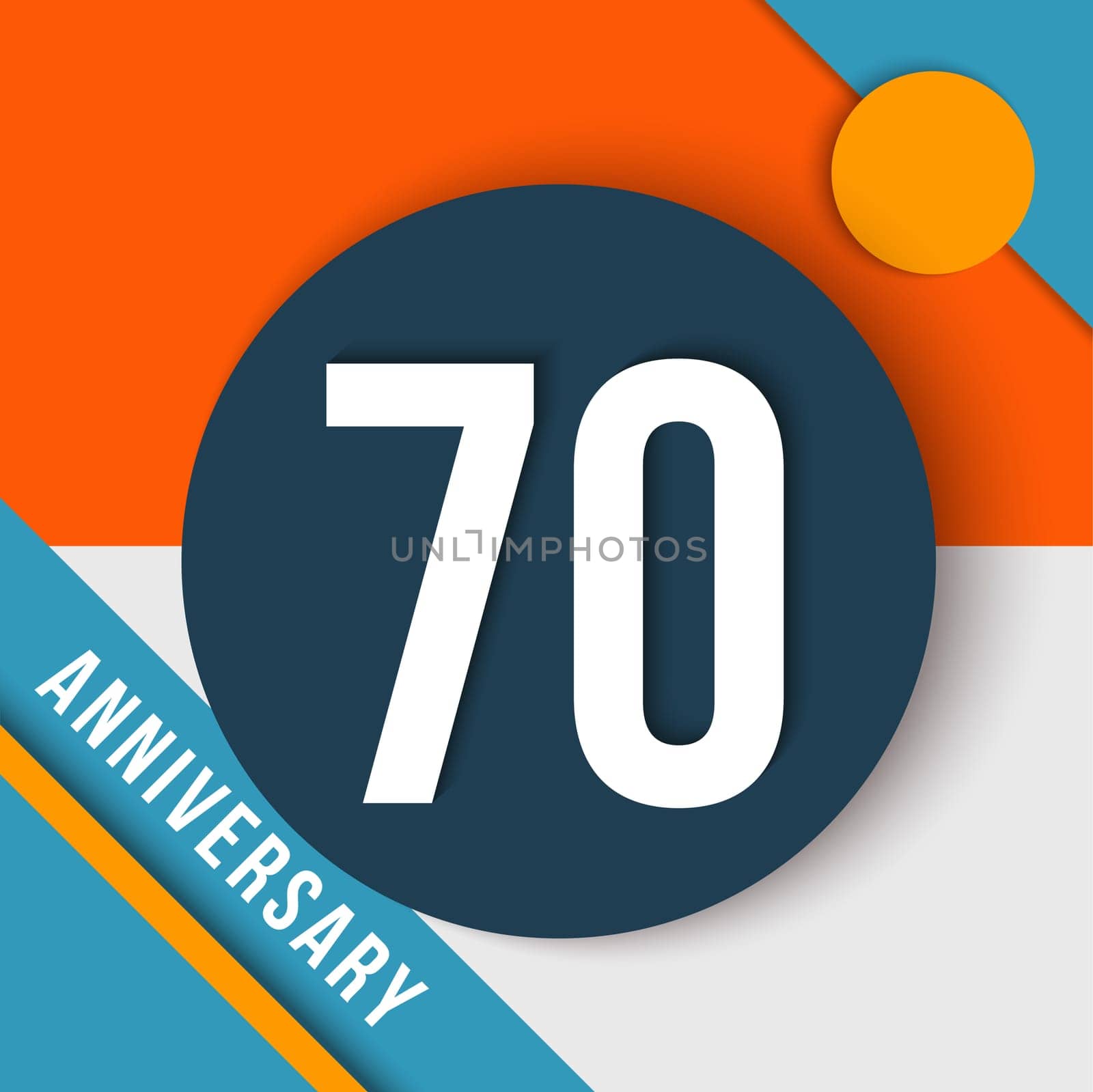 70 seventy year anniversary modern concept with number, text label and abstract shapes in material design style. EPS10 vector.