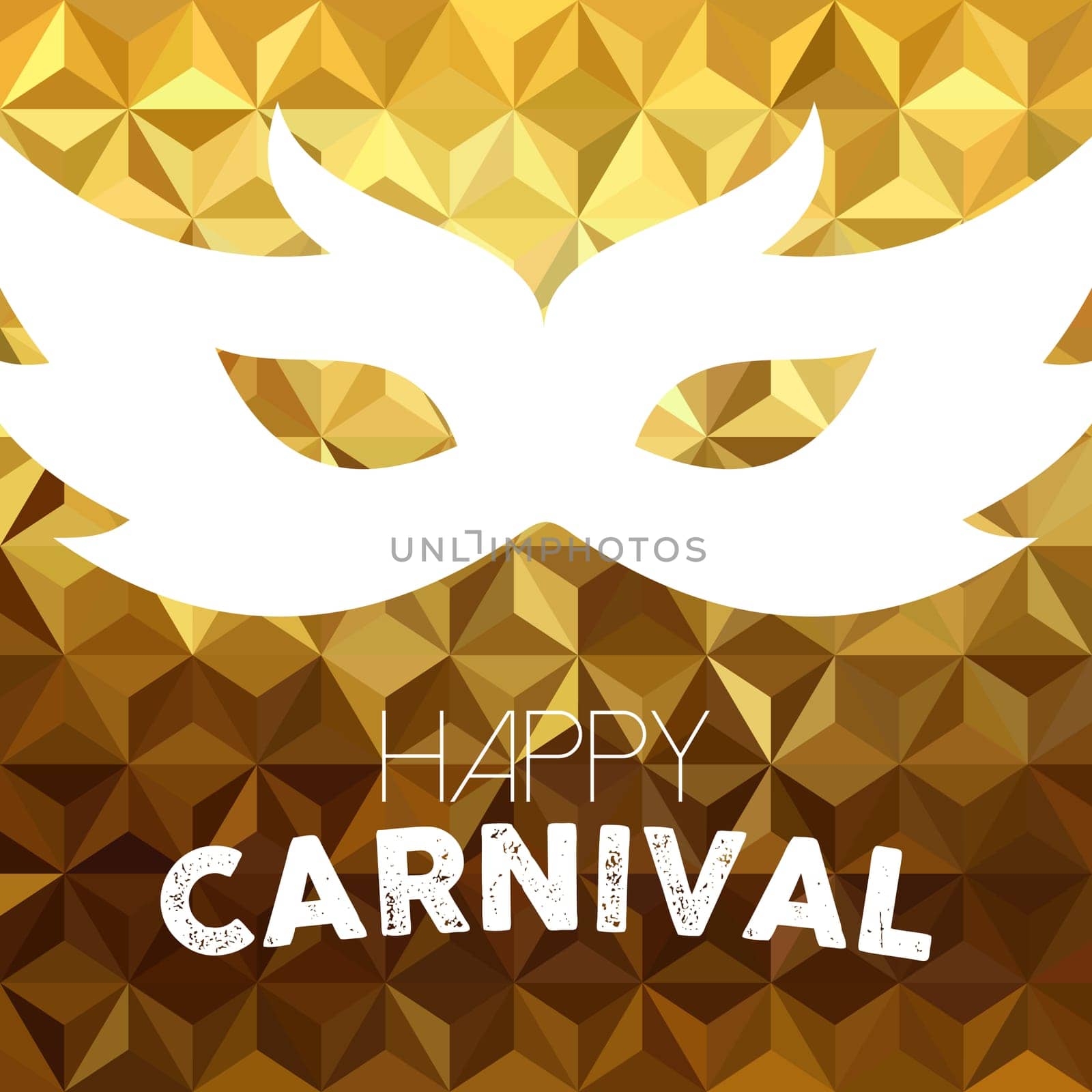 Happy carnival design, vintage costume mask with text on gold luxury background. EPS10 vector.