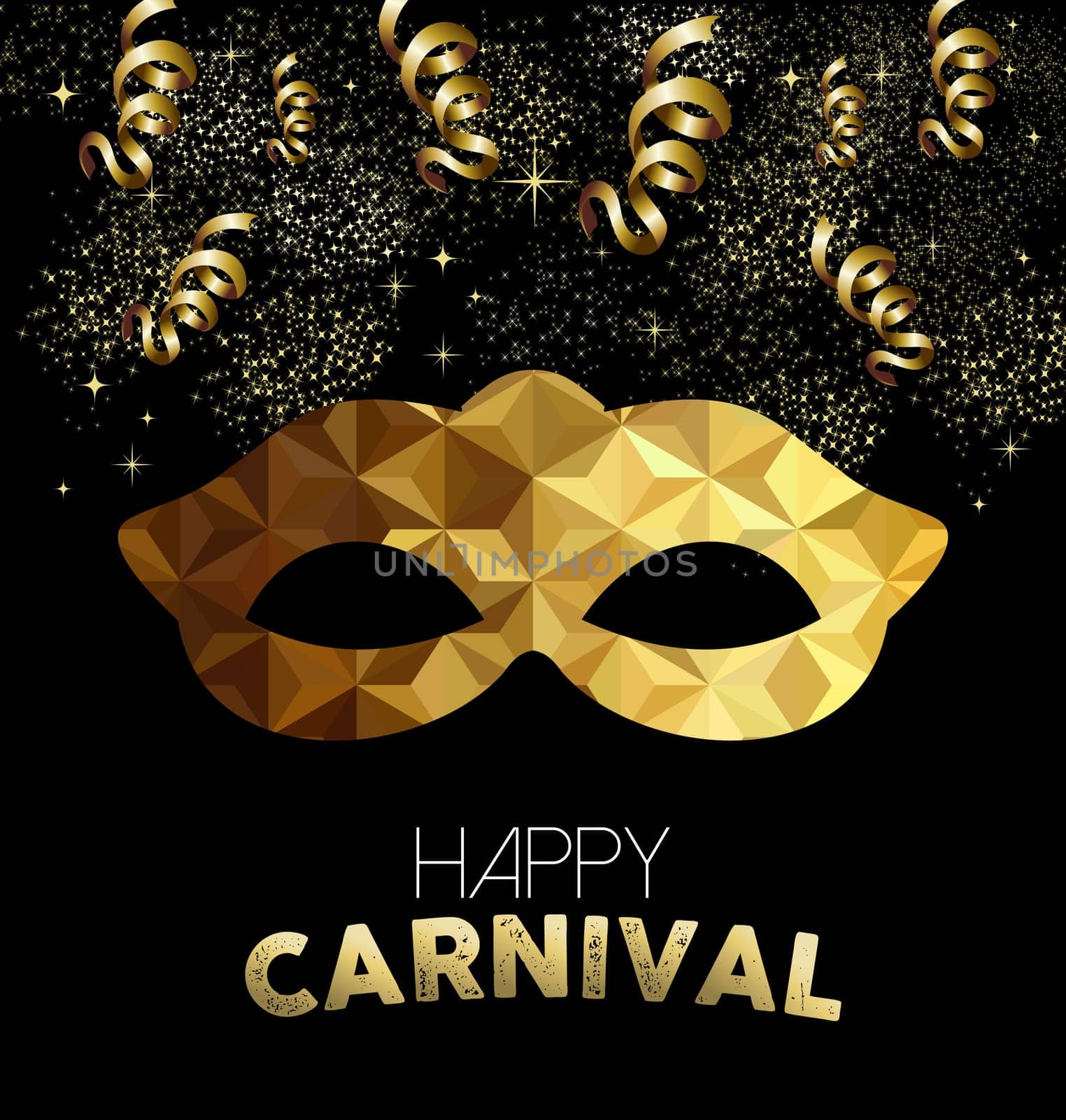 Happy carnival design, gold mask with low poly shapes, party streamers and confetti background. EPS10 vector.