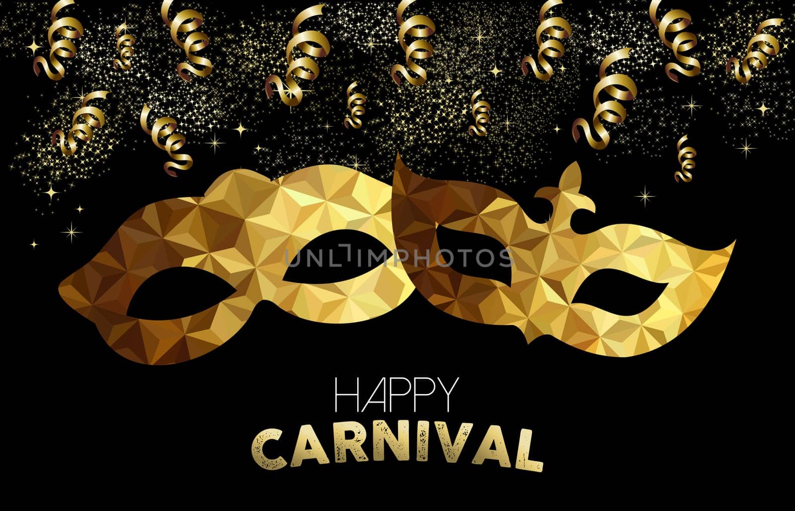 Golden carnival design. Low poly masks with text, gold party streamers and confetti. EPS10 vector.