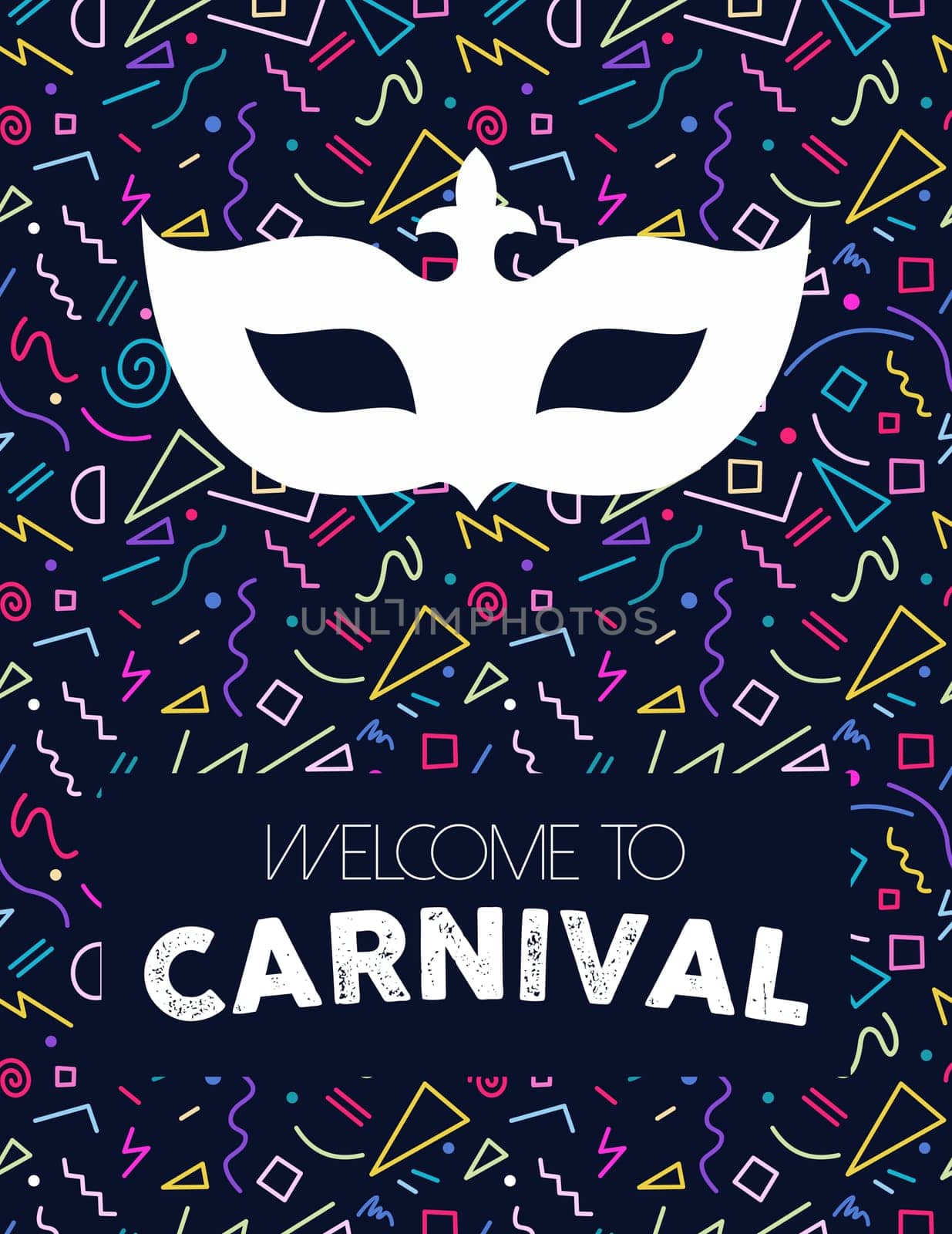 Colorful retro line art background with carnival mask silhouette and text label. EPS10 vector.