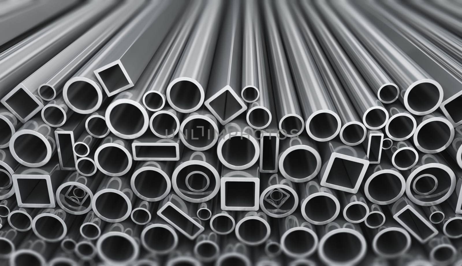 Metal profile and pipes on white background