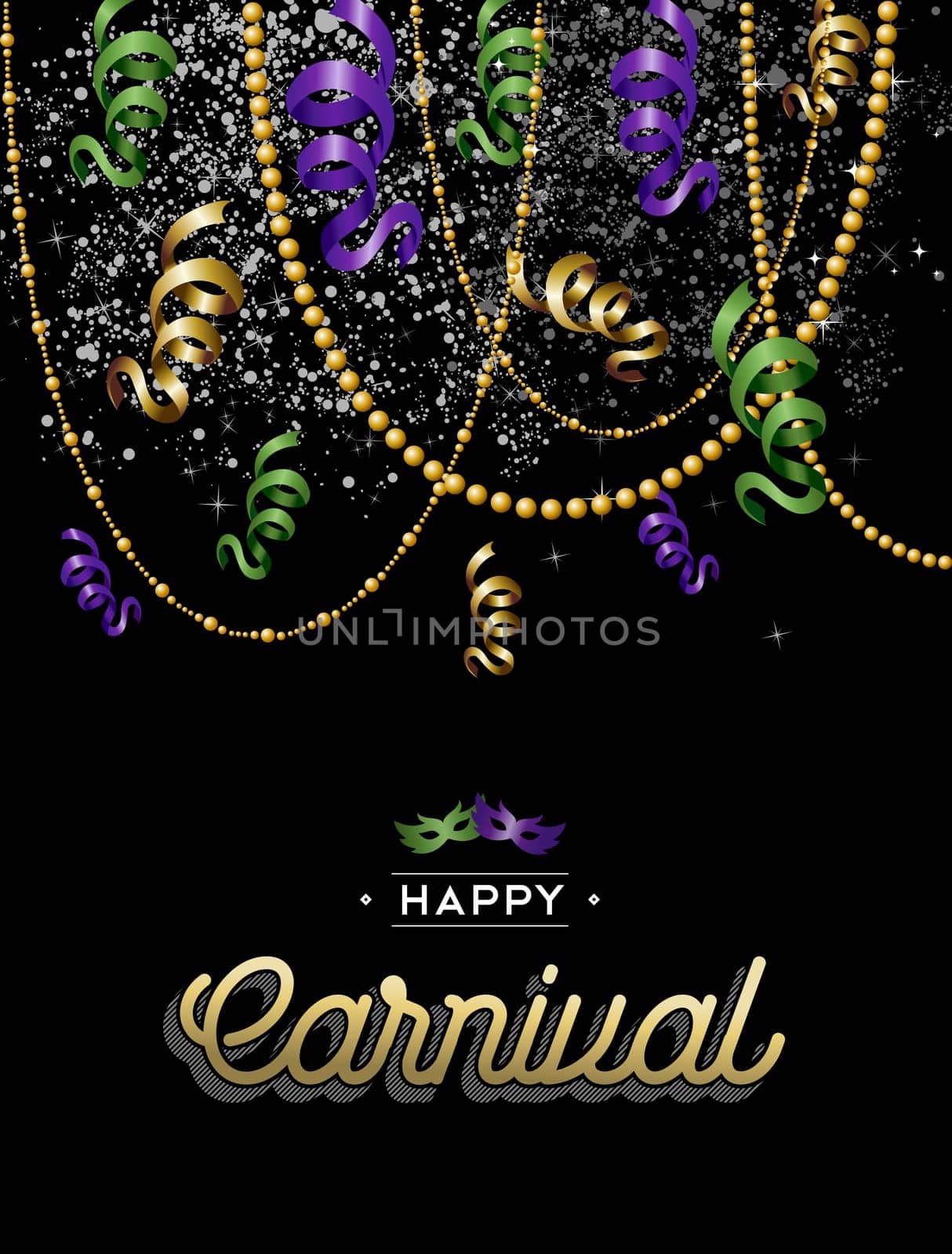 Happy carnival design, party decoration in gold, purple and green colors with text label. EPS10 vector.