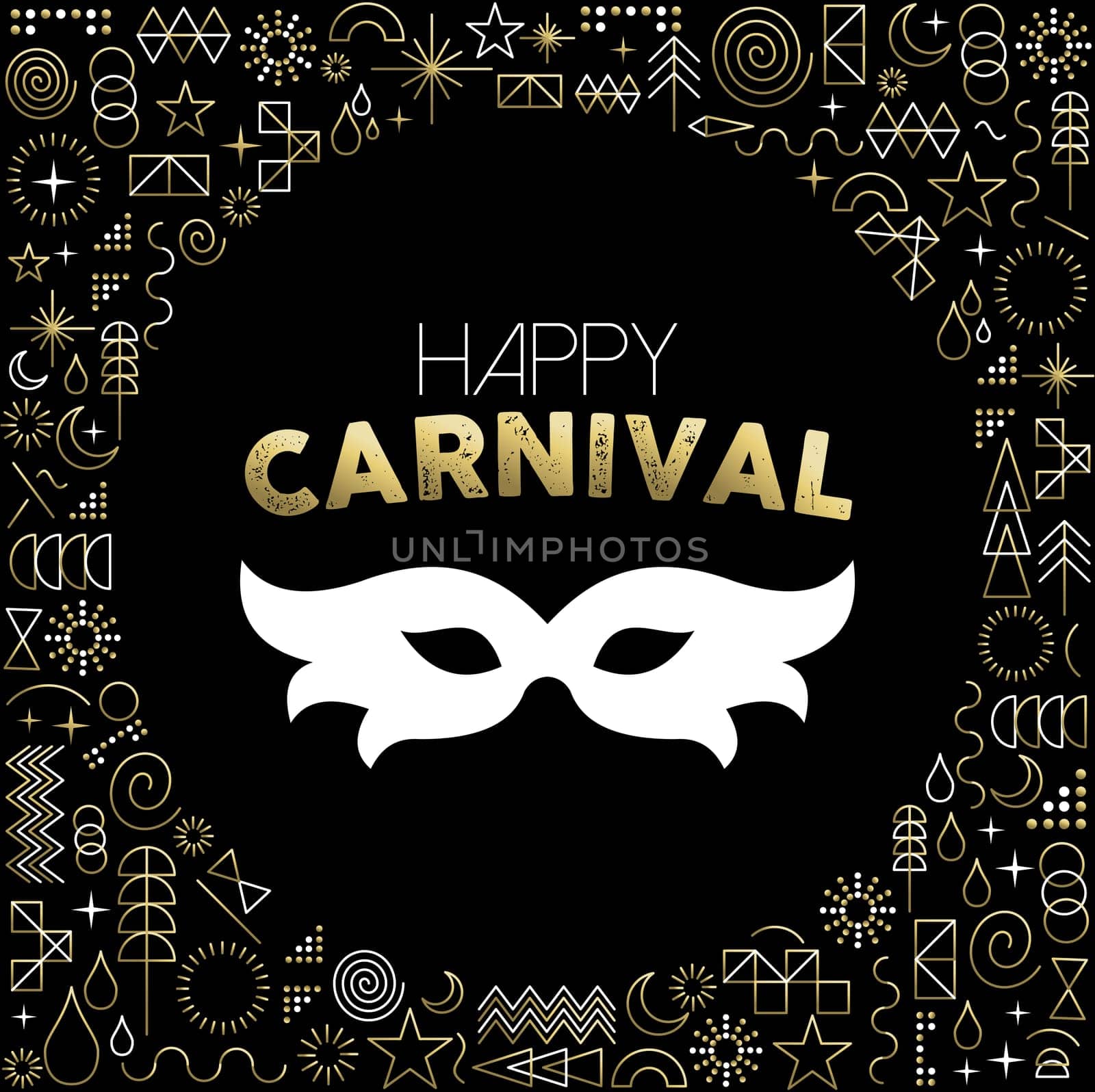 Gold line art background with hipster geometry icons, happy carnival text label and mask silhouette. EPS10 vector.
