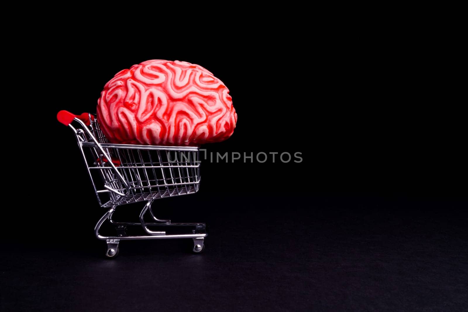 Think before you Bye. Brain and shoppingcart isolated on Black