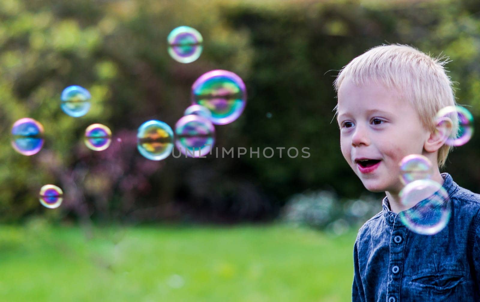 A Little boy blows soap bubbles in the garden on a summer day. He wears a blue shirt and is happy