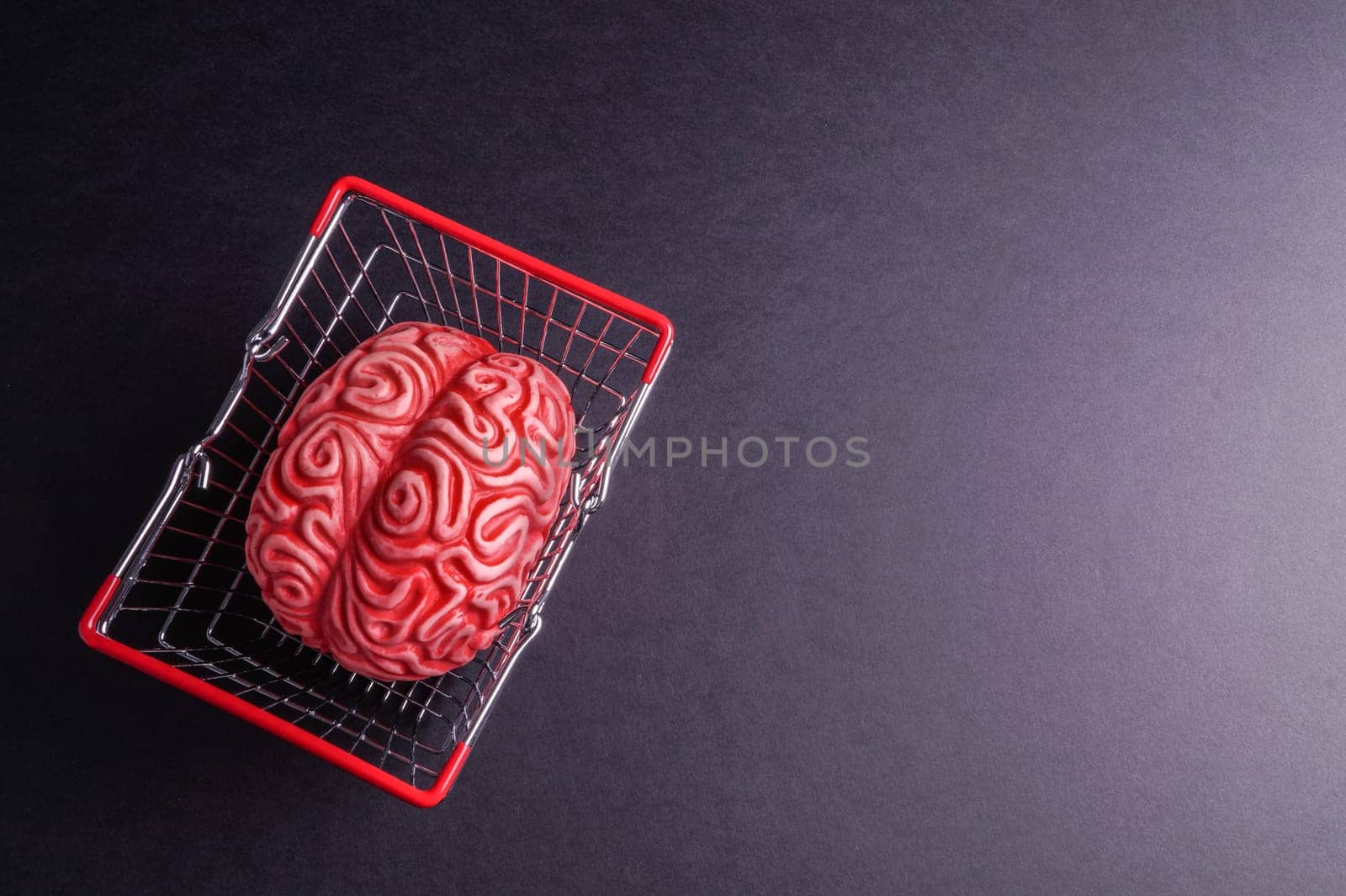 Think before you Bye. Brain and shoppingcart isolated on Black