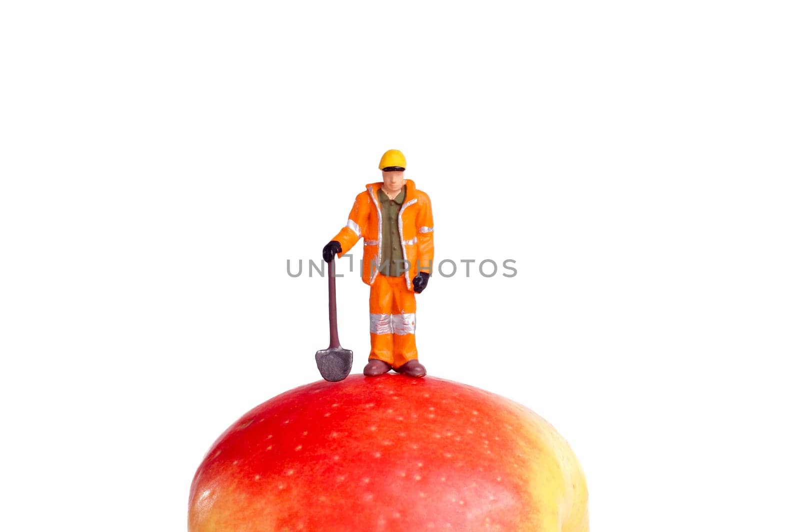 small figure of a worker standing on an apple