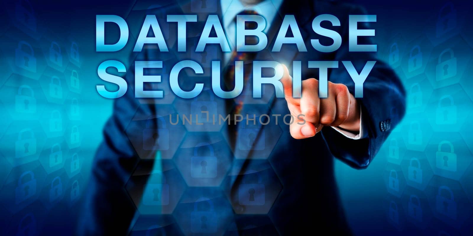 Librarian is pushing DATABASE SECURITY on a touch screen interface. Many closed lock icons embedded in hexagons do represent protected data sets and digital content in a virtual library collection.