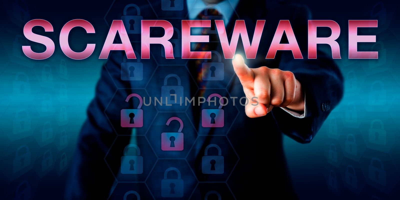 Management user is touching SCAREWARE on a screen. Three cracked lock icons are highlighted to represent compromised or malicious software code. Computing technology concept and business metaphor.