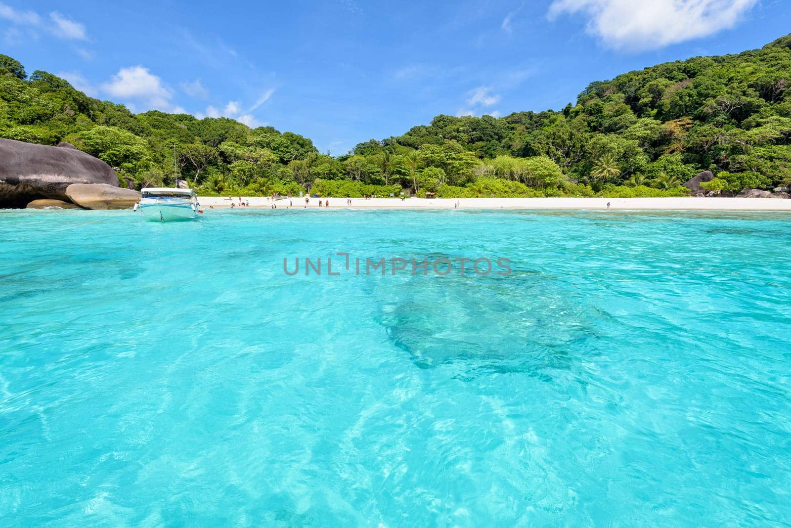 Landscape beautiful blue sea and summer sky above the bay front beach was used as a quay speed boat of tourist at Koh Similan Islands in Mu Ko Similan National Park, Phang Nga province, Thailand