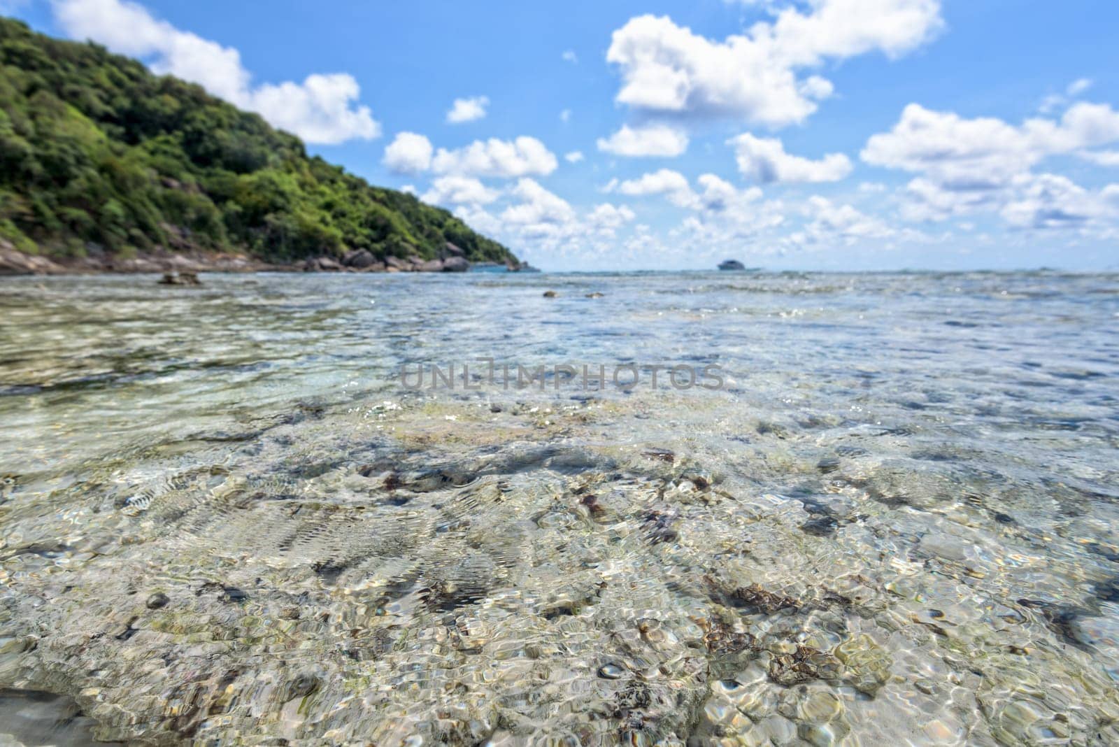 Landscape beautiful shore coral reef sea beach and summer sky above the bay at Koh Similan Island in Mu Ko Similan National Park, Phang Nga province, Thailand