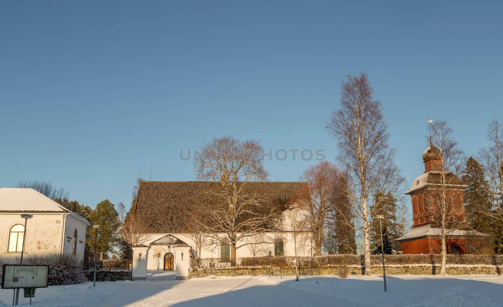 The Church in Nordmaling, Sweden in Winter time with a clear blue sky.