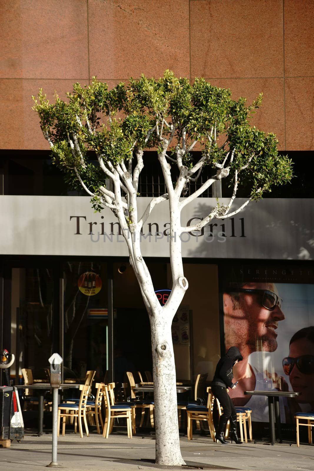 Los Angeles,United States - December 27,2015: A woman wearing a hood leaves the Trimana Grill at a shopping mall on Wilshire Boulevard on December 27,2015 in Los Angeles.