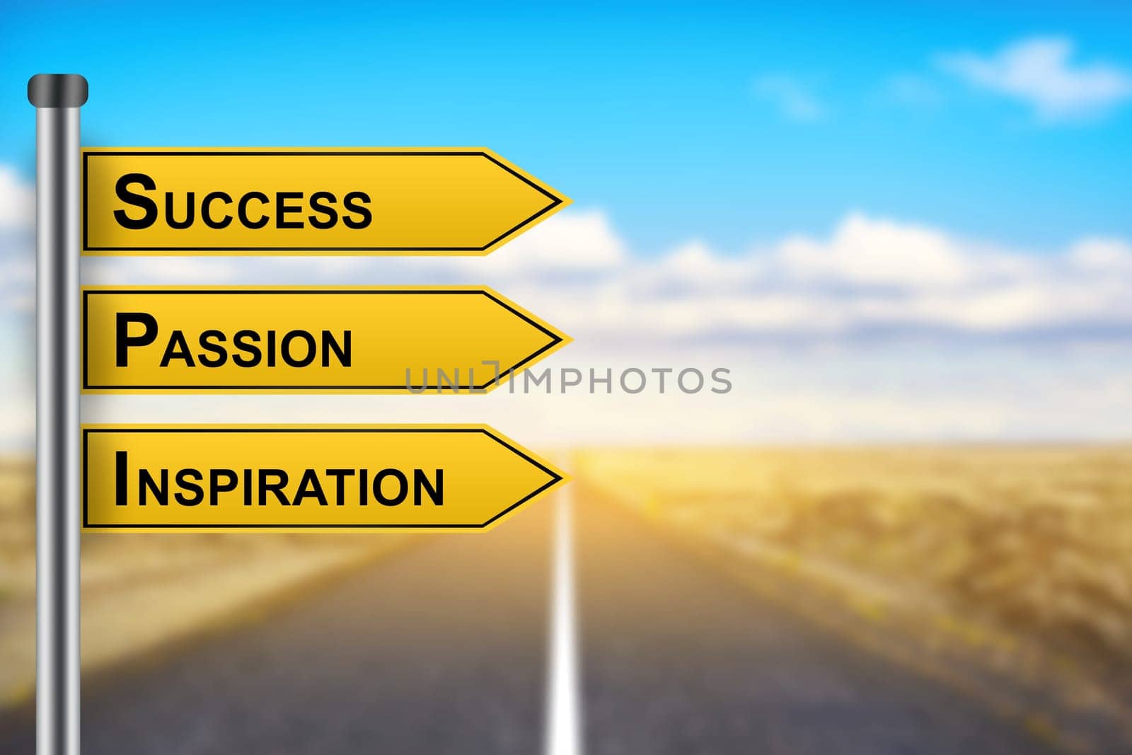 success passion inspiration words on yellow road sign with blurred background