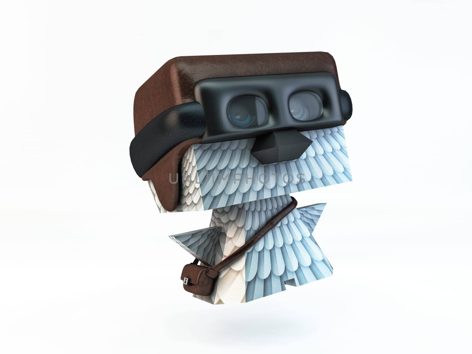 pigeon pilot in helmet, goggles and bag full of letters over his shoulder. illustration for service delivery of letters and parcels. Bird character for contact information section.