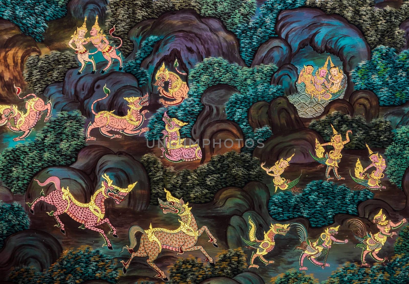 Ancient Buddhist temple mural painting in Nonthaburi, Thailand